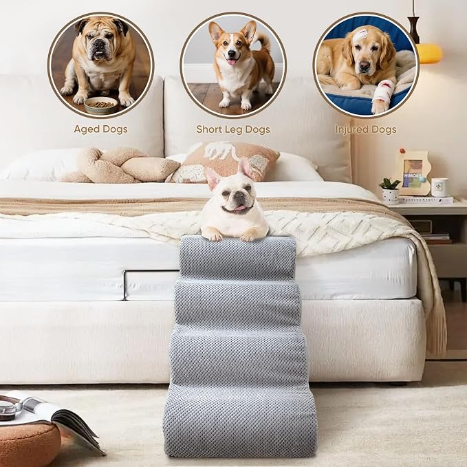 PAWSCRAT Dog Stairs for Small Pets, 11.8" H with 30D Material Soft Foam, Portable Ramp Non-Slip Surface Non-Slip for Couch and High Bed Climbing, 2-Step Stairs for Cat or Dog, LightGrey