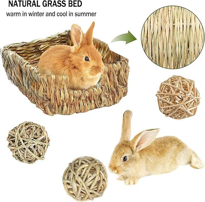 Hamiledyi Rabbit Grass Bed for Bunny, 21 Pcs Rabbit Chew Toys for Teeth Grinding Sweet Bamboo Timothy Stick Woven Grass Ball Pine Cone Natural Straw Bedding for Guinea Pig Hamster Chinchilla