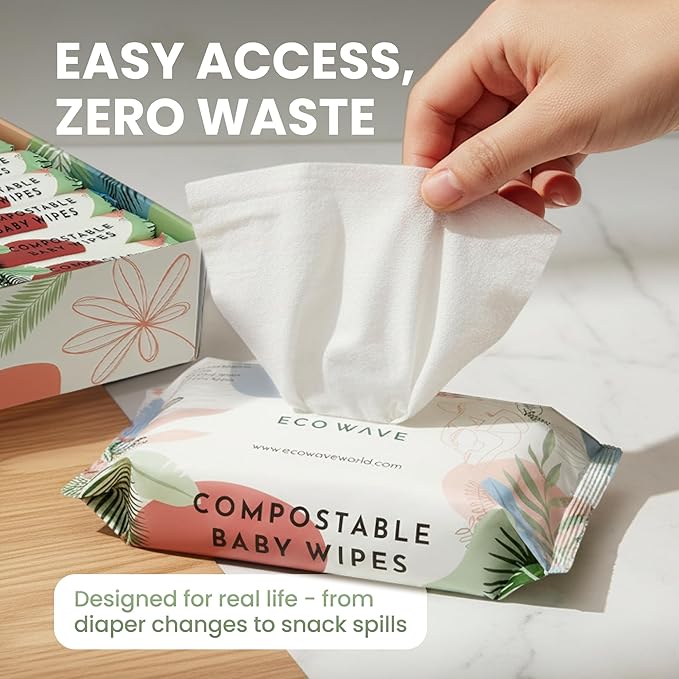 Eco Wave Baby Wipes, 100% Compostable Eco-Friendly Bamboo Wipes, Unscented, Hypoallergenic, Vegan, Alcohol-Free, Suitable For Sensitive Skin (Pack of 12)