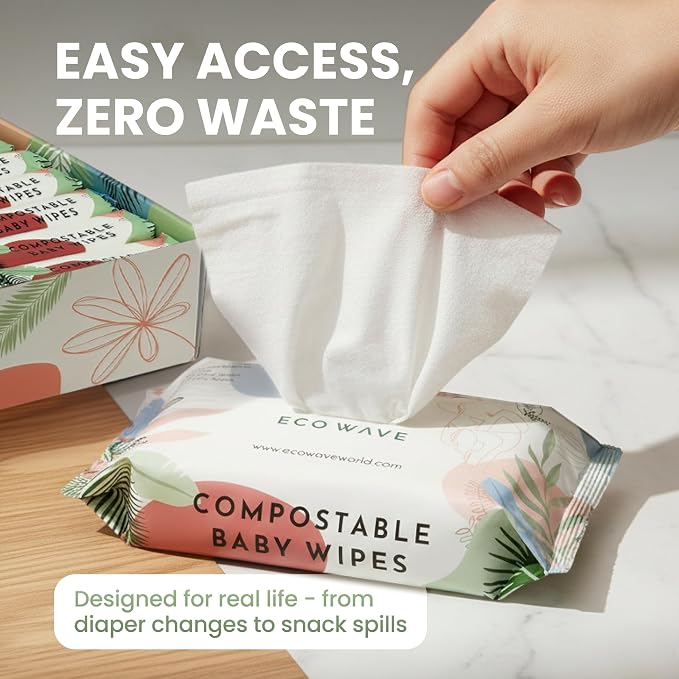Eco Wave Baby Wipes, 100% Compostable Eco-Friendly Bamboo Wipes, Unscented, Hypoallergenic, Vegan, Alcohol-Free, Suitable For Sensitive Skin (Pack of 4)