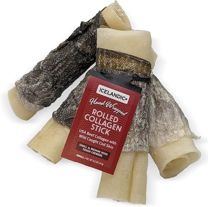 Icelandic+ Rolled Collagen Stick: Beef & Cod Skin - 4" Dog Crew Treat, Hand-Wrapped Fish, 2 Ingredient Pet Snacks, Dental Health, Rawhide Alternative