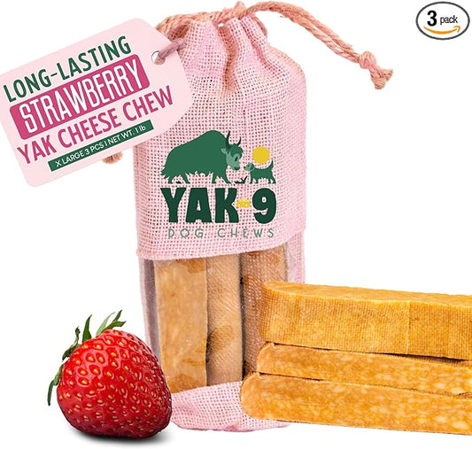 Yak9 Himalayan Yak Cheese Chews for Dogs, Strawberry | High Protein, Non Rawhide Dog Chews | Non GMO, Gluten Free, Grain Free Yak Milk Dog Chew | Extra Large 6oz (Breeds 50-75 LBS), Strawberry, 3 PC