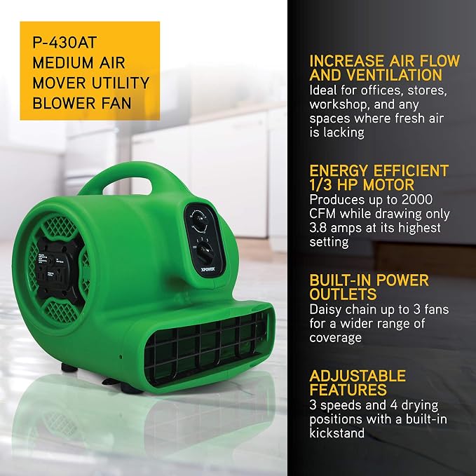 XPOWER P-430AT Pro 1/3 HP 2000 CFM Centrifugal Air Mover, Carpet Dryer, Floor Fan, Blower, Daisy Chain, for Water Damage Restoration, Janitorial, Plumbing, Home Use