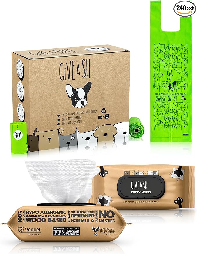240 Handled Compostable Dog Poop Bags and 100 Plant-Based Pet Wipes – Champion Animal Welfare & The Planet