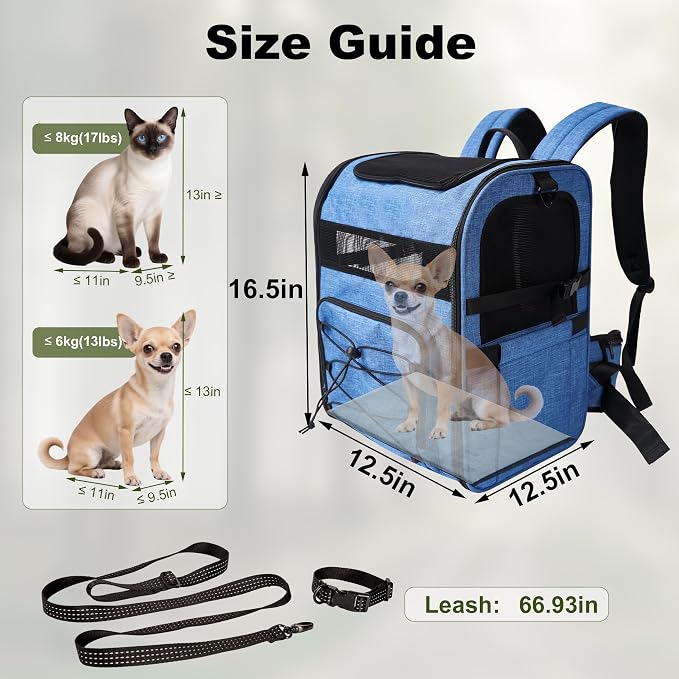 Dog Carrier Backpack for Small Dogs - Breathable Mesh Hiking Bag with Safety Buckle, Adjustable Straps and Standard Pad - Durable for Hiking (Fits Small Cats Too, Up to 17lbs, Blue)