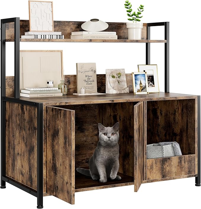 GAOMON Litter Box Enclosure with Shelves, Large Hidden Litter Box with Doors, Indoor Tall Litter Box Furniture, Cat Wooden Washroom Furniture with Scratching Pad, Pet Storage Cabinet, Rustic Brown
