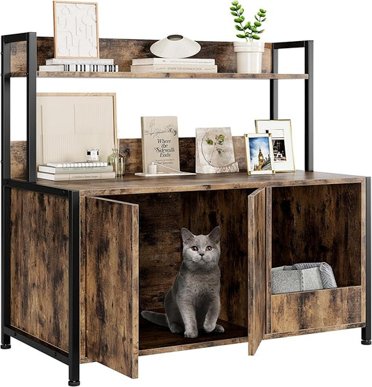GAOMON Litter Box Enclosure with Shelves, Large Hidden Litter Box with Doors, Indoor Tall Litter Box Furniture, Cat Wooden Washroom Furniture with Scratching Pad, Pet Storage Cabinet, Rustic Brown