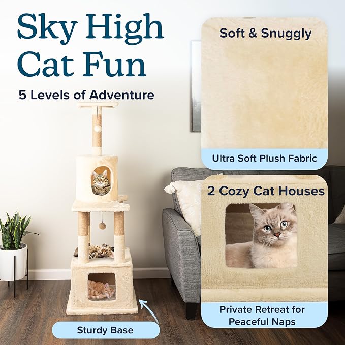 57” Tall Cat Tree Tower - Cat Tower with 2 Kitten Condos, Napping Perch, 5 Rope Scratching Posts, and 2 Hanging Toys - Multi-Level Kitten Tree and Climbing Activity Furniture by PETMAKER (Beige)