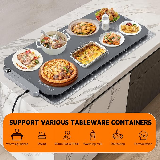 Homelove Warming Mat for Food - Electric Warming Tray with 7-Level Temperature and 6-Level Hours Setting, Full Surface Heating, Waterproof Dishwasher-Friendly Food Warmer for Parties, Kitchen (Grey)