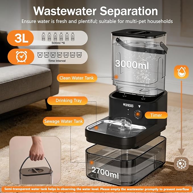 Wireless Cat Water Fountain, Wastewater Separation No Filter Cotton 3L Automatic Cat Water Dispenser Ultra Quiet Stainless Steel Pet Water Fountain for Cats Small Dogs Multiple Pets Indoor