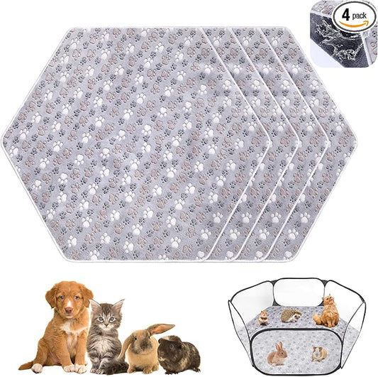 Preboun 4 Pcs 47 in Guinea Pig Playpen Pad Waterproof Hexagon Mat Reusable Dog Playpen Liner for Small Animal Rabbit Cage Tent Pee Pad Washable Yard Fence(Gray Paw)