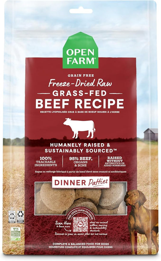 Open Farm, Freeze Dried Raw Dog Food, Patties with 95% Meat, Organs & Bone, Complete Meal or Freeze Dried Dog Food Mixer, Grass-Fed Beef Recipe, 17.5oz Bag