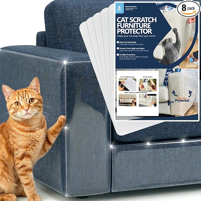 Cat Scratch Furniture Protector, 8-Pack Couch Protector from Cat Claws - Pre-Cut Clear Anti-Scratch Tape Sheets for Sofa Corner, Door & Wall, One-Sided Cat Deterrent