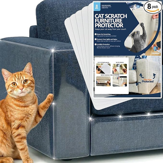Cat Scratch Furniture Protector, 8-Pack Couch Protector from Cat Claws - Pre-Cut Clear Anti-Scratch Tape Sheets for Sofa Corner, Door & Wall, One-Sided Cat Deterrent