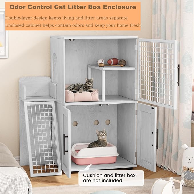 Garvee Dog Proof Cat Feeding Station, Cat Litter Box Enclosure Furniture, Hidden Litter Box Cabinet with Ladder and Door, Large Indoor Cat House with Storage, Large Pet Cabinet