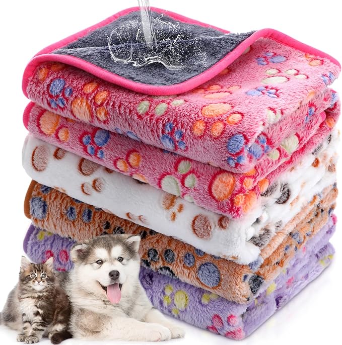 Panelee 4 Pcs Washable Dog Blankets Waterproof Cute Paw Print Fleece Blanket Reusable Puppy Blankets for Small Medium Pet Cat Whelping Warm Soft Mat Guinea Pig Cage Liners(36 x 36 Inch)