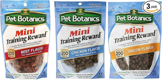 Pet Botanics Mini Training Rewards for Dogs 3 Flavor Variety Bundle: (1) Bacon, (1) Chicken and (1) Beef, 4 Oz Ea (200 Count per Bag, 3 Bags Total)