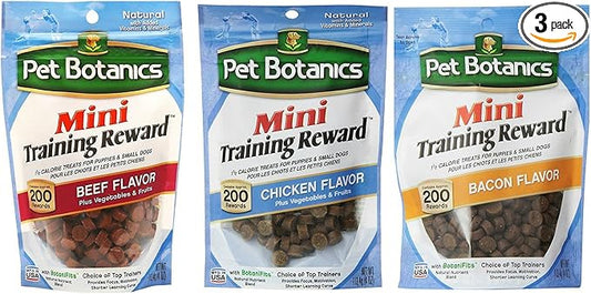 Pet Botanics Mini Training Rewards for Dogs 3 Flavor Variety Bundle: (1) Bacon, (1) Chicken and (1) Beef, 4 Oz Ea (200 Count per Bag, 3 Bags Total)