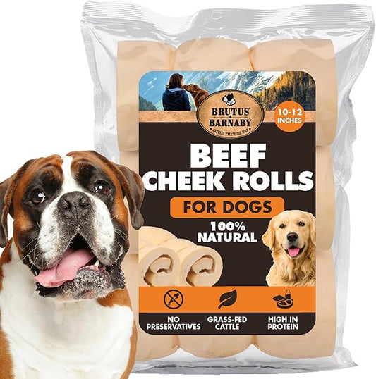 Premium Beef Cheek Rolls for Dogs 10-12" - (10-Pack) Long Lasting, Safe & Natural Rawhide Alternative Chews, Ideal for Large Dogs & Aggressive Chewers, Supports Dental Health & Digestion