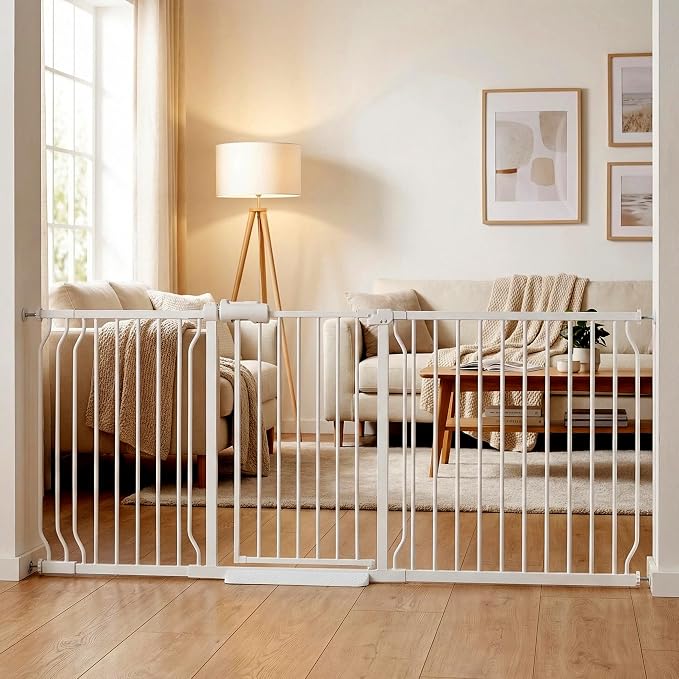 Extra Wide Baby Gate 76.3-81" Dog Gate for Doorways, Pressure Mounted No Drill Safety Gate for Kitchen, Hallways, White Metal Pet Gate for Dogs