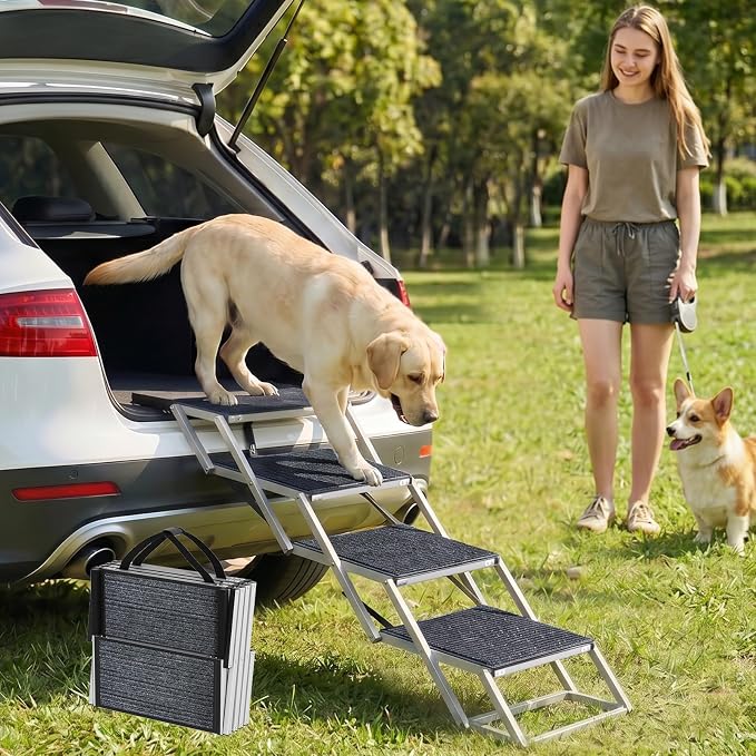 Dog Stairs for Car - Folding Dog Ramp 17" Wide, Portable & Lightweight Dog Steps with Non-Slip Surface & Aluminum Frame, Pet Stairs Supports up to 250 lbs, 4 Steps