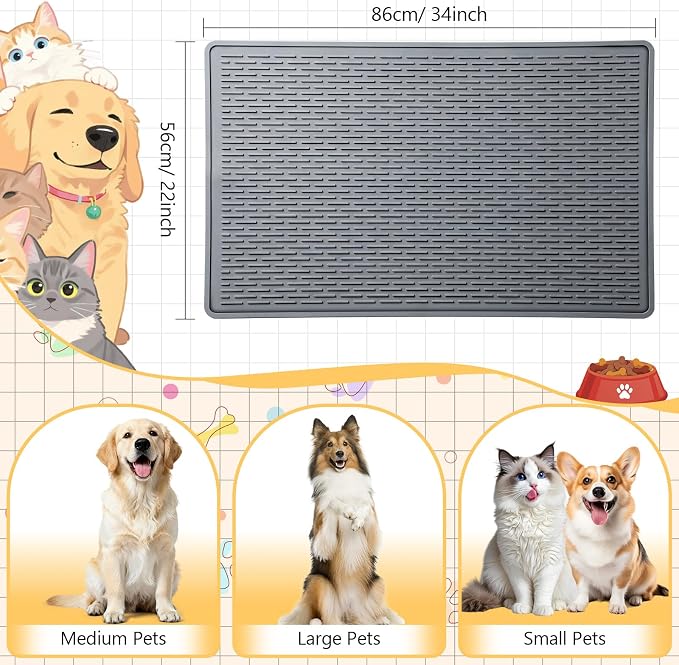 2 Pcs 34" x 22" Large Silicone Dog Food Mats Waterproof Dogs & Cat Bowl Mat with Raised Edge, Washable Nonslip Pet Feeding Mat for Multi-pet Homes Floor Protector, Washable, Grey