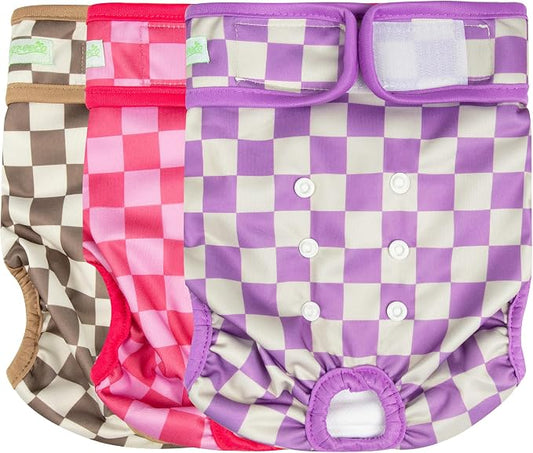 wegreeco Washable Female Dog Diapers Highly Absorbent Reusable Diapers for Dog in Heat Period Diapers, 3 Pack (Checkerboard Red, Purple, Coffee, Medium)