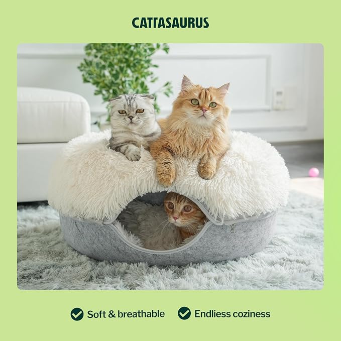 CATTASAURUS Peekaboo Cat Cave for Multiple & Large Cats Up to 30-45 Lbs, Fluffy Cat Beds for Indoor Cats, Scratch Detachable & Washable Tunnel Bed, Comfy Donut Cave (Light Gray, Large (Calming))