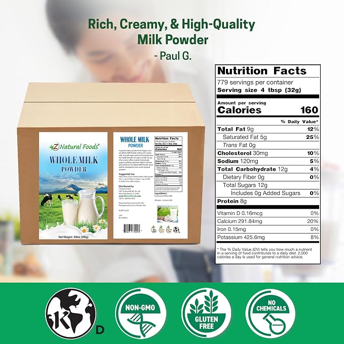 Z Natural Foods Premium Whole Milk Powder - Powdered Milk for Baking, Cooking, Drinks - Dry Milk Powder, Pasteurized, Non-GMO, Gluten-Free, Kosher-Certified, 55 lbs
