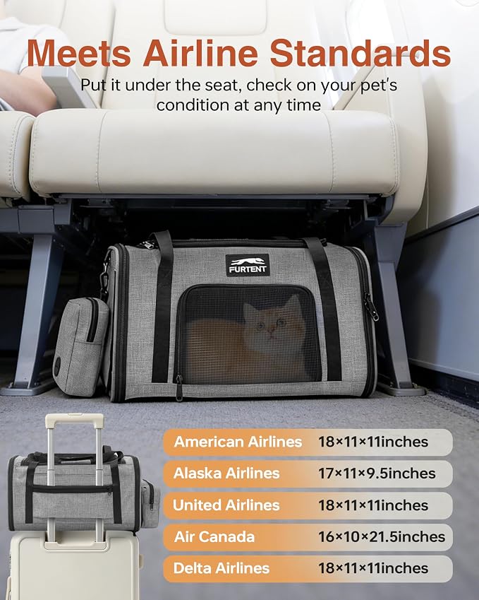 17x11x9.5 Pet Carrier Airline Approved, Cat Carrier with Litter Box, Soft Sided Cat Dog Carrier Up to 15 lbs, Breathable Travel Pet Carrier with Calming Curtain, Storage Bag & Poop Dispenser, Grey