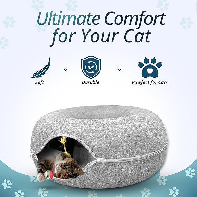 MeowMates Peekaboo Cat Cave Donut Bed for Multiple Cats Upto 45lbs, 3-in-1 Large Cat Tunnel & Donut Bed Combo w Round Tunnel Scratcher for Indoor Cats, Hanging Toy, Washable & Detachable - Grey