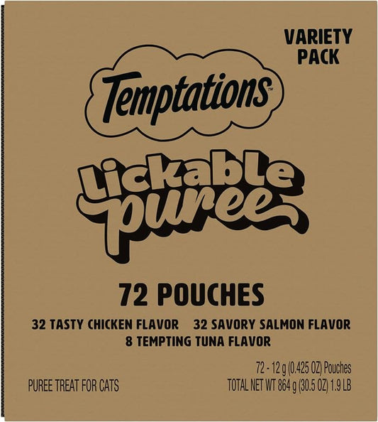 Temptations Creamy Puree Squeezable Lickable Wet Cat Treat Variety Pack, 0.42 oz. Tubes, 72 Count