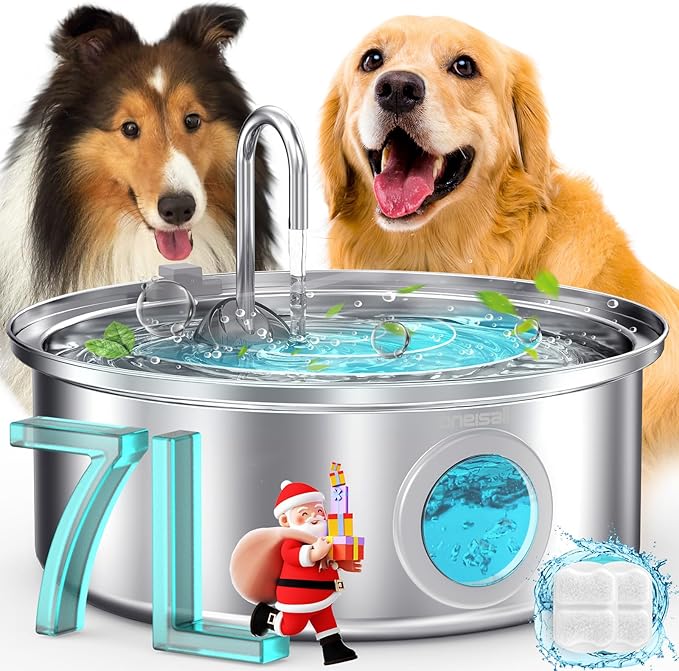 oneisall Dog Water Fountain Stainless Steel for Large/Medium Dogs,7L/230oz Pet Fountain with Visual Water Level,Ultra-Quiet Water Bowl with 5-Stage Filtration,Dispenser for Living Room Kitchen
