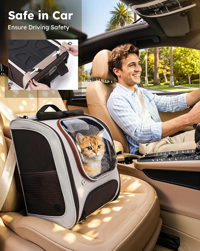 Pecute Cat Backpack Carrier,Large Space Cat Bubble Backpack,Ergonomic,Khaki | Color Blocking,Sunshade curtain,Folding bowl,Transparent window,Sturdy,Large mesh on both sides for breathability