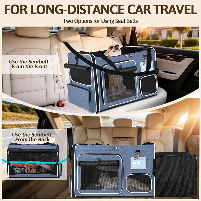 Petskd Side Expandable Extra Large Cat Car Carrier with Collapsible Litter Box for Long Distance Travel,24"x17"x17" Portable Soft Sided Pet Carrier with Roller Shades for 2 Cats Up to 55LBS(Blue)