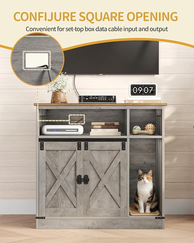 Hzuaneri Cat Litter Box Enclosure, Hidden Litter Box Furniture with Storage, Wooden Cat Cabinet with Scratch Pad, Farmhouse Cat Washroom, TV Stand End Table, Greige CB87505X
