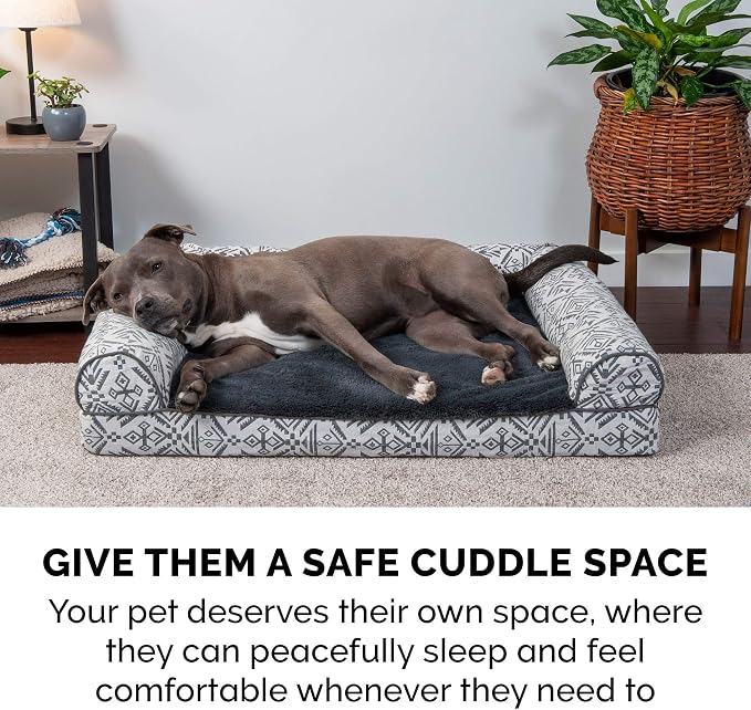 Furhaven Cooling Gel Dog Bed for Medium/Small Dogs w/ Removable Bolsters & Washable Cover, For Dogs Up to 35 lbs - Plush & Southwest Kilim Woven Decor Sofa - Boulder Gray, Medium