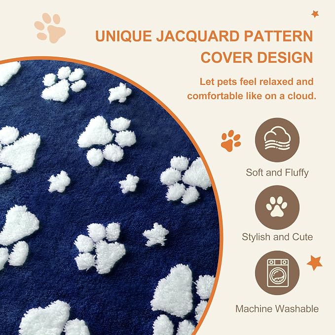 Dog Beds for Small Medium Dogs, Cute Thick Dog Bed for Crate Kennel, Fluffy Pet Bed with Removable Washable Cover and Anti-Slip Bottom, 30"x 20", Navy Paw