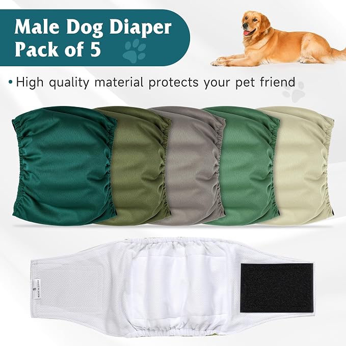 5 Pack Dog Diapers Male, High Absorbing Dog Wraps, Belly Bands for Male Dogs with Incontinence or Frequent Urination, Washable Doggie Diapers Green XXL