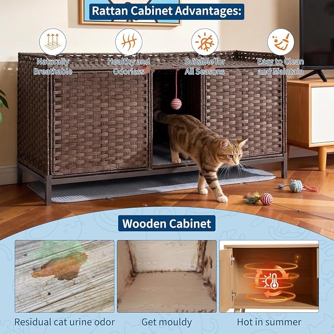 Cat Litter Box Enclosure Furniture, Handwoven Rattan Cat Houses, Hidden Cat Washroom Furniture with Door/Mat, Large Space Cat Houses with S-Shaped Hooks, Living Room, Bedroom, Brown