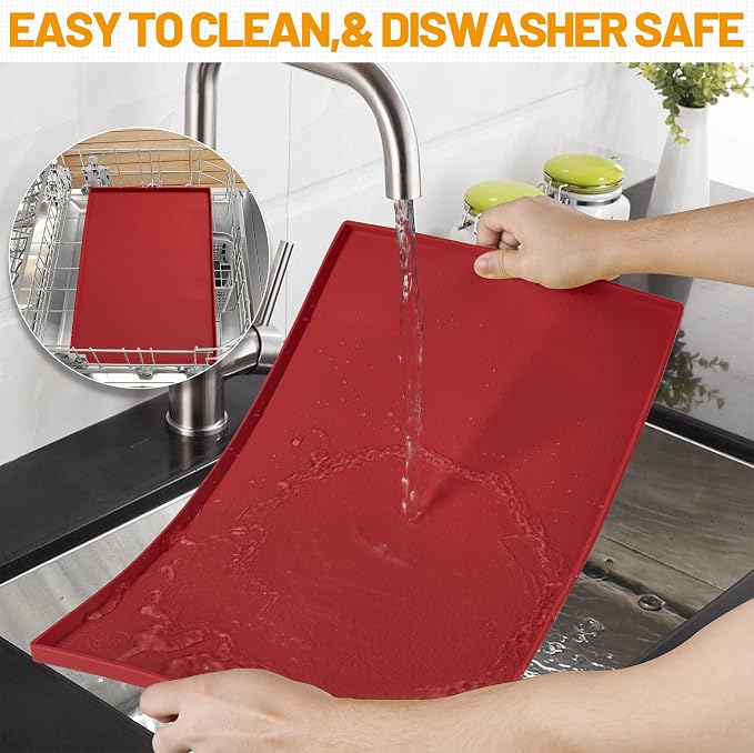 Hubulk Dog Feeding Mat,100% Waterproof Food Grade Silicone Pet Food and Water Bowl Placemat,Dishwasher, High Raised Edge to Prevent Spills,Nonslip Tray to Stop Messes on Floor（28"x18"x0.8", Red）