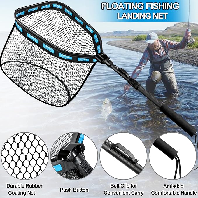 PLUSINNO Floating Fishing Net for Steelhead, Salmon, Fly, Kayak, Catfish, Bass, Trout Fishing, Rubber Coated Foldable Landing Net with Fixed or Telescoping Pole Handle, Fishing Gear and Gifts for Men