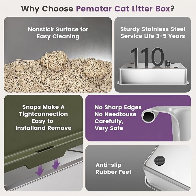 XXL Stainless Steel Cat Litter Box with Lid, 26" L x 18" W x 12" H Metal Litter Box with Hight Sides for Big Cats & Multiple Cats, Never Absorbs Odors, Anti-Urine Leakage, Easy Cleanin(Green)
