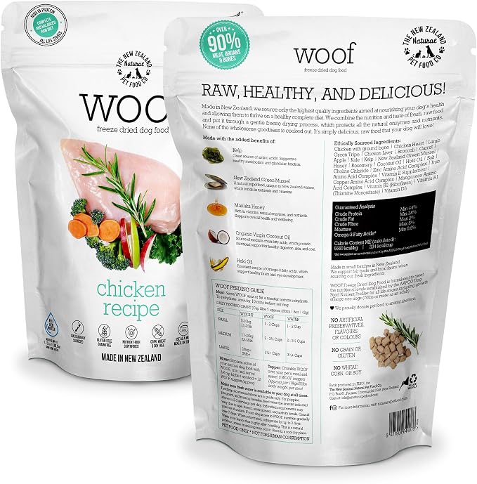 The New Zealand Natural Pet Food Co. WOOF Freeze Dried Dog Food - Chicken Recipe, High Protein Dog Treats & Snacks, Dog Food Toppers & Meals - 9.9 Ounce (Pack of 1)