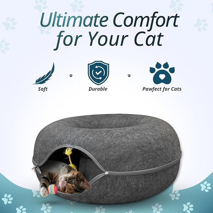 MeowMates Peekaboo Cat Cave Donut Bed for Multiple Cats Upto 45lbs, 3-in-1 Large Cat Tunnel & Donut Bed Combo w Round Tunnel Scratcher for Indoor Cats, Hanging Toy, Washable & Detachable - Dark Grey