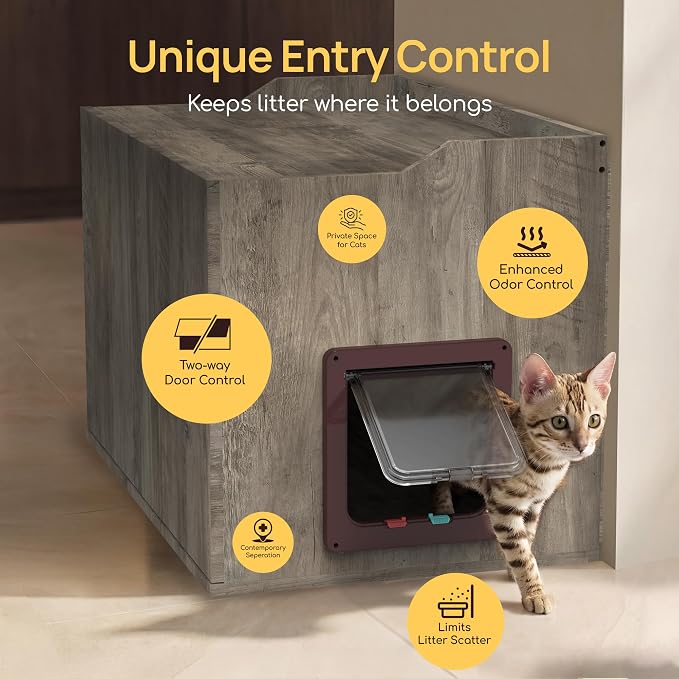 Cat Litter Box Enclosure Furniture with Cat Door, Extra Large Hidden Litter Box Cabinet for XL Boxes, 31.5" L x 19.8" W x 21.1" H, Wooden Cat Box Furniture Odor Control, Gray