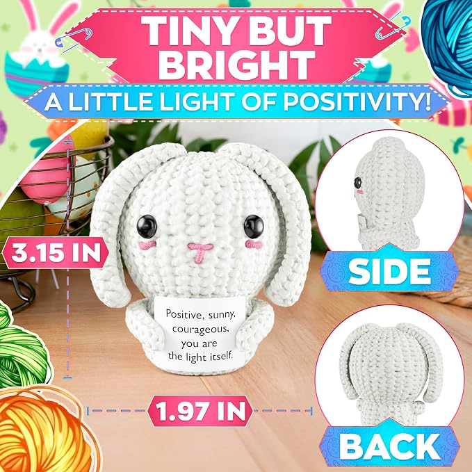 Soft Handcrafted Crochet Bunny Plush - Rabbit With Positive Message Card, Stuffed Bunny Rabbit Mini Pocket Companion for Desk Decor and Travel, Daily Cozy Gift for Mom, Grandma, Sister, Her or Friends