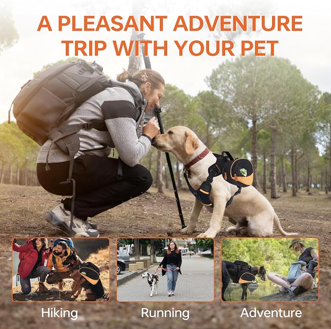 Dog Backpack for Medium & Large Dogs, Detachable Side Bags, Quick-Poop Bag Dispenser | No-Pull Adjustable Harness for Large-Chested Breeds | Non-Slip Handle for Hiking, Walking, Outdoor Adventures（S）