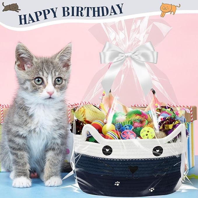 Zopeal 76 Pcs Graduation Cat Storage Basket Gift Toys Set Interactive Cat Toys Kitten Wand Colorful Flashing Balls Pet Crinkle Balls Attract Kitten to Swat, Hunt for Pet Indoor(Blue)