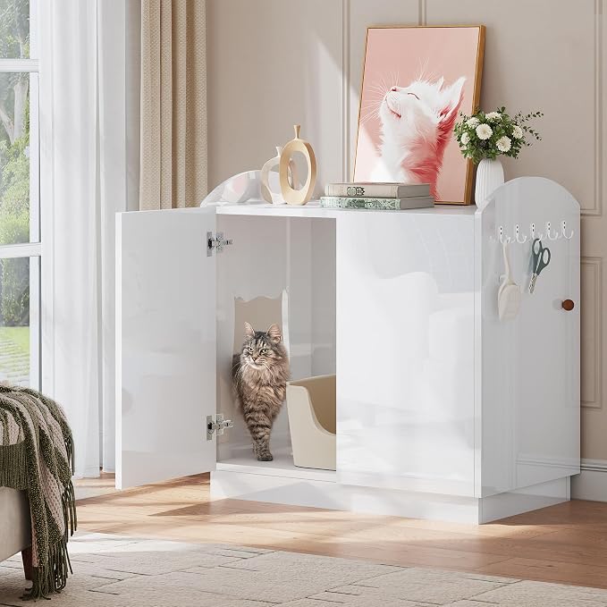 DWVO Large Hidden Litter Box Furniture with Hooks, Modern Cat Litters Box Enclosure for M/L/XL Litter Boxes, Wooden Secret Cat Cabinet, High-Gloss White